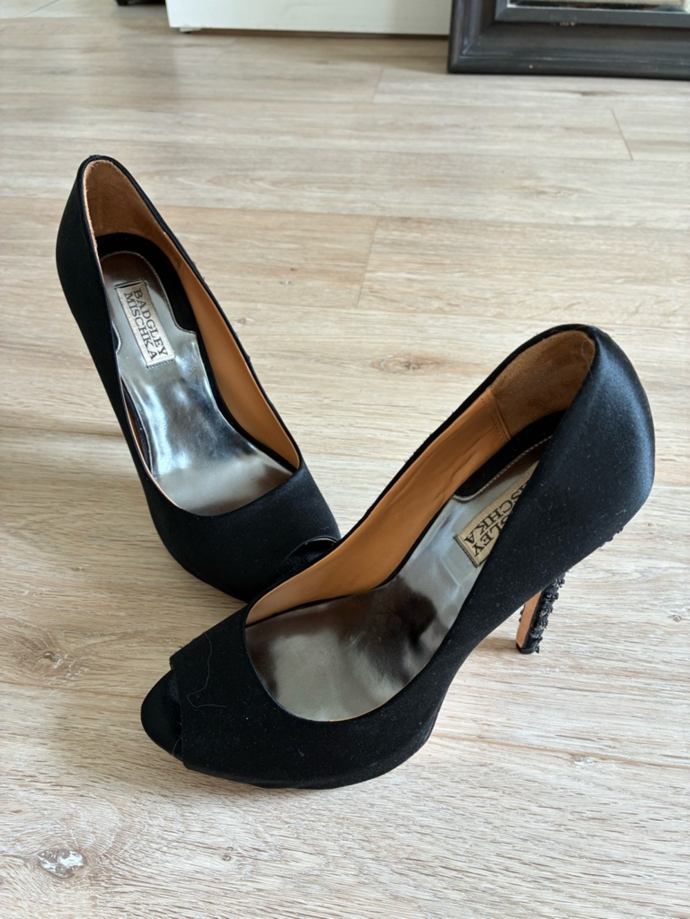 Badgley Mischka Black Satin Peep-Toe Pumps with Embellished Heel